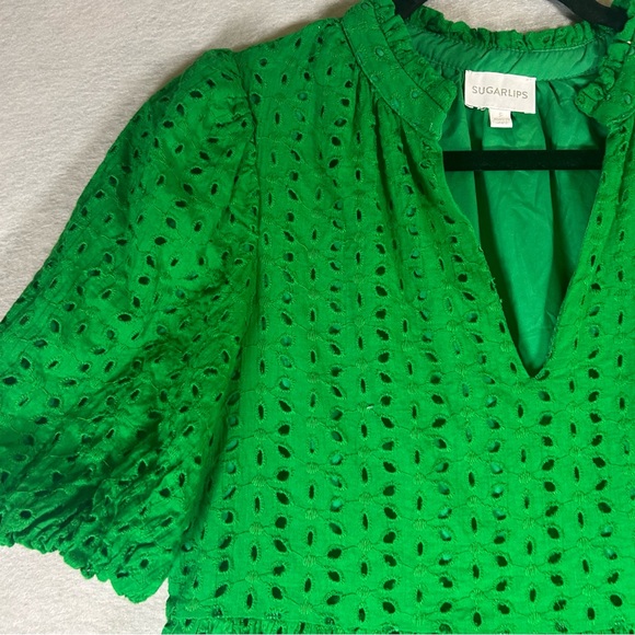 Sugarlips Kelley Green Eyelet Solid Babydoll Shift Mini Dress Women’s Size Small - Picture 3 of 13